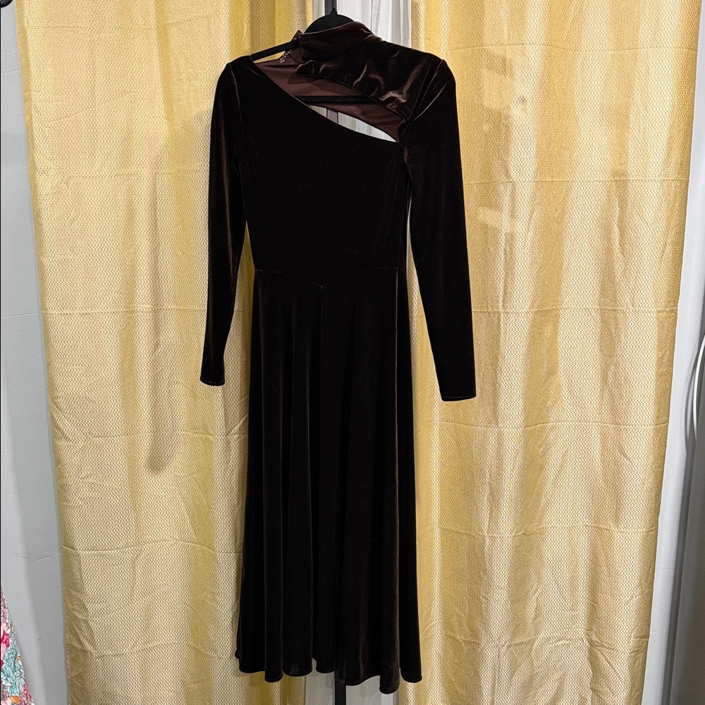 Rene Ruiz Brown Velvet One-Shoulder Dress
